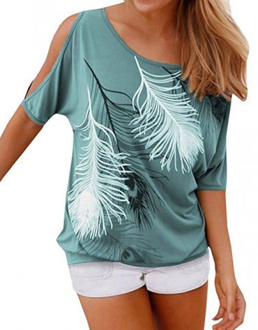 Women\'s O Neck Feather Print Shirt Casual Cutout Sleeve Top Blouse