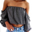 Fashion Gray Blouse Womens Sexy Shiny Solid Off Shoulder Ladies Summer Autumn Casual Long Sleeve Sla