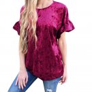 Womens Short Sleeve Speaker Sleeve Tops Ladies Velvet Blouse T Shirt