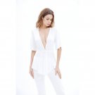 White Blouse Shirt Women Half Sleeve Tops Deep V Neck Casual Soild Office Wear Blusas Mujer de moda 