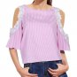 Fashion New Cold Shoulder Blouse Women Summer Autumn Striped Blouses Lace Top Blue Pink blusa listra