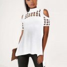 Women Summer Turtleneck Off Shoulder Blouse Sexy Back Split Hollow Out Tops Shirts Casual Short Slee