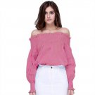 Women Girls Fashion Cotton Blue White Striped Tops Off the Shoulder Long Sleeve Shirts Loose Elastic