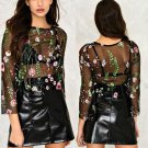 New In Round Neck Flowers Embroidered Tulle Short Blouse - Women\'s Lace Mesh Transparent Tops Shirt