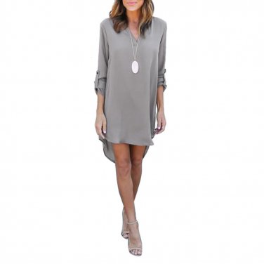 Spring Autumn Women Plunging Neck Chiffon Blouse Long Sleeve Casual Tunic Shirt Dress Irregular Fron