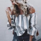 New Women Summer Three Quater Striped Shirt Casual Blouse Loose Off- the-Shoulder Cotton Tops
