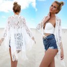 New Fashion Sexy Kimono Cardigan Women Hollow Lace Loose Tops White black  Casual Long Sleeve Tassel