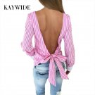 Kimono Striped S-XL Bow Women Blouses Summer Long Sleeve Blusas Vintage Backless Women Tops OL Women