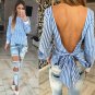 Kimono Striped S-XL Bow Women Blouses Summer Long Sleeve Blusas Vintage Backless Women Tops OL Women
