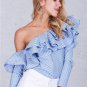Women Blouse Summer 2018 Sexy One Shoulder Casual Blue Striped Long Sleeve Shirt Plus Size women
