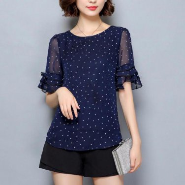 Women Blouses 2017 Summer Short Sleeve Chiffon Blouse Shirt Polka Dot Shirts Plus size Clothing Ladi