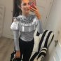 Sexy Lace Woman Blouse Long-Sleeve Shirt Ruffle Basic White Black Hollow Out Body Tops Tee Shirt Blu