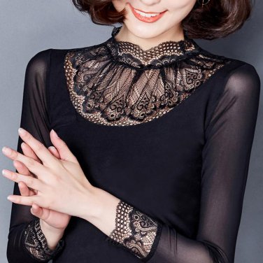 new Women gauze top plus size lace basic shirt summer spring all-match black turtleneck long-sleeve 