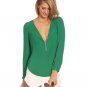 Hot Sale Sexy Trendy Chic Chiffon Shirt Zipper Womens Ladies Deep V-neck Loose Casual Long Sleeved T