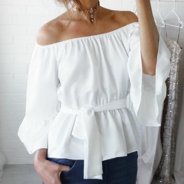 Loose Summer Chiffon Blouse Sexy Off Shoulder Shirt Belted Flare Sleeve Solid Color Womens Tops T-sh