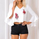 Spring Women Flare Sleeve Backless Tops Sexy Party Shirt Blouse Elegant Deep V Neck Rose Embroidery 