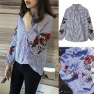 Fashion Women Ladies Embroidery female blouse shirt Casual blue striped shirt Plus Size Blouse Casua