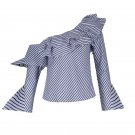 Summer Stripe Blouse Women Blue Long Sleeve Oblique Collar Falbala Zipper Cotton Blouse Girls Slim