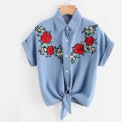 2017 New Arrival Womens Blouse Ladies Rose Flower Blouses Short Sleeve Shirt Women Shirt Turn-down C