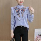 Women\'s Blouses Stand Shirt Blue Striped Vertical Flower Embroidered Ruffle Blouse Shirt blusas muj