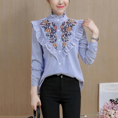 Women\'s Blouses Stand Shirt Blue Striped Vertical Flower Embroidered Ruffle Blouse Shirt blusas muj