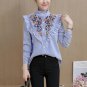 Women\'s Blouses Stand Shirt Blue Striped Vertical Flower Embroidered Ruffle Blouse Shirt blusas muj