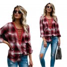 Fashion Womens Lace Up Long Sleeve Plaid Shirt Fall Autumn Casual Blouse Loose Cotton Lace Tops Shir