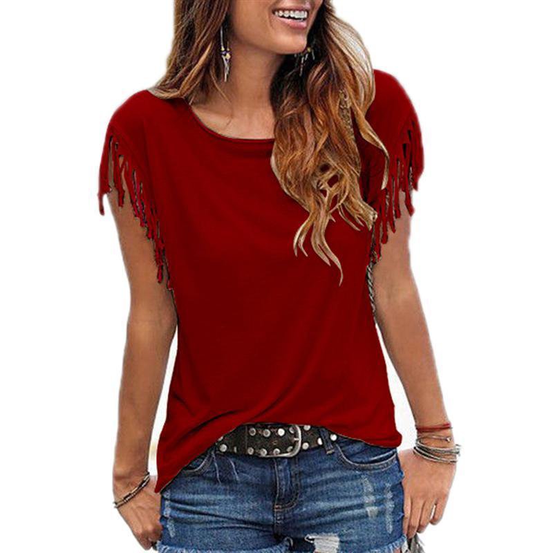 2017 Women Cotton Tassel Casual Blouses Short-sleeved Solid Color Shirts Top Short Sleeve O-neck Wom