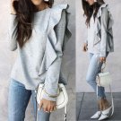 Women O-neck Ruffles Tops Gray Loose Long Sleeve Shirt Casual Blouse Cotton Shirts Clothes Autumn Su