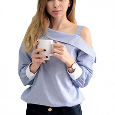 women blouses summer 2017 Blue Striped Fold Over Asymmetric Shoulder Contrast Cuff Shirt Girls Long 