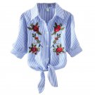 2017 Summer Women Casual Shirt Short Sleeve Floral Embroidery Bandage Strip Shirts Blouses Tops