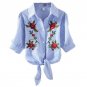 2017 Summer Women Casual Shirt Short Sleeve Floral Embroidery Bandage Strip Shirts Blouses Tops