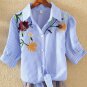 2017 Summer Women Casual Shirt Short Sleeve Floral Embroidery Bandage Strip Shirts Blouses Tops