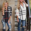 2017 New Autumn Fashion Plus Size Ladies 3/4 Sleeve V-Neck Casual Slim Plaid Shirt Women Tops Blouse