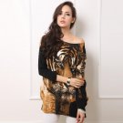 Full Sleeve Skew Collar Lion Print Long Tops 2017 Fashion Autumn Hot Sale Casual Blouse Loose Elegan
