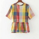Women Plaid Shirt Blusa Ladies Cotton Short Sleeve Checked Blouse O-neck Ruffles Back Open Pleated T