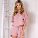 2017 Summer Fashion Women\'s Chiffon Sexy Off Shoulder Lace Up Sweet Pink Tops Blouse + Shorts Pants