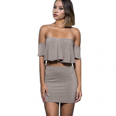 2 piece set women suit crop Tops mini skirt female Slash neck Blouse bodycon skirt Office ladies out