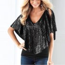 Women Lady Beautiful Sequin Sparkle Shawl Glitter Stretch Cotton Tops Short sleeve T-Shirts