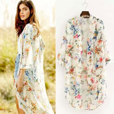 Women Floral Printed Half Sleeve Chiffon Kimono Cardigan Coat Tops Blouse