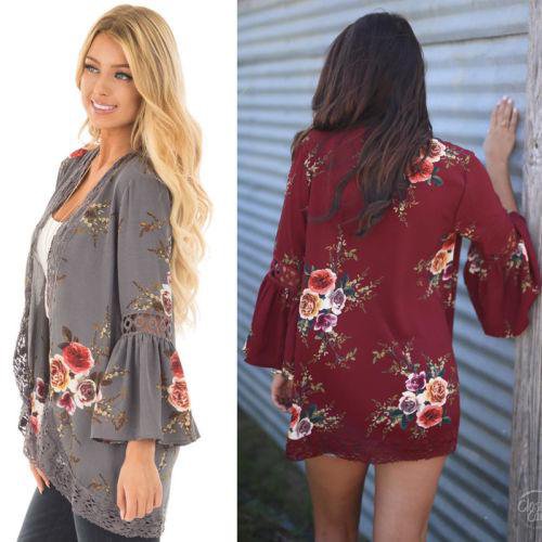 Women Summer Floral Lace Tops Open Front Coat Jacket Cardigans Long Sleeve Loose Wine Red Gray Print