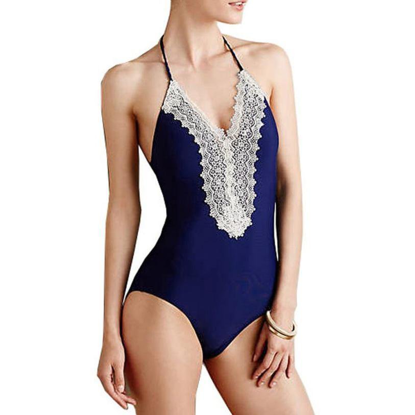 Women One Piece Floral Lace Halter Swimsuit Beachwear Push Up Padded Bikini Swimsuit