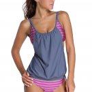 Sexy Women Grey Layered-Style Striped Tankini One-piece Summer Swimsuit with Triangular Briefs