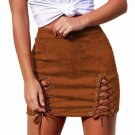 Autumn Winter Lace Up Leather Suede Pencil Skirt Bandage Sexy Elastic Short Skirt Split Bodycon Cros