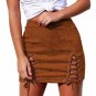 Autumn Winter Lace Up Leather Suede Pencil Skirt Bandage Sexy Elastic Short Skirt Split Bodycon Cros