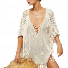 White Plunging V Neck Lace up Fishnet Fringe Kaftan