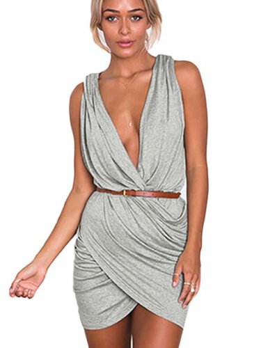 Grey Plunge Neck Pleated Wrap Mini Dress