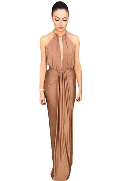 Camel Silky Jewel Halter Jersey Evening Dress