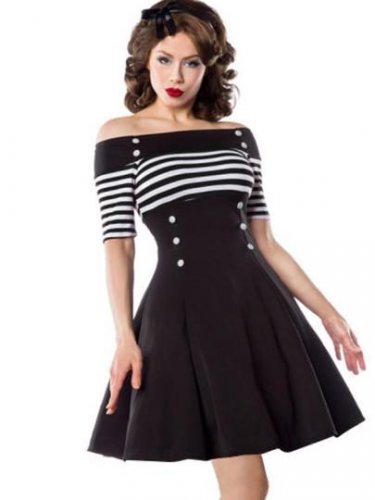 Black Slash Neck Striped Women\'s Day Dress