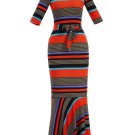 Color Block Strip Belt Women\'s Maxi Dress